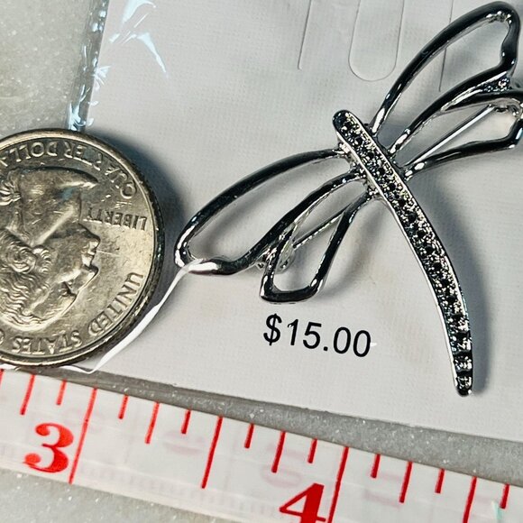 Dragonfly Silver-Tone Rhinestone Brooch Pin Jewelry Accessory - Picture 3 of 4